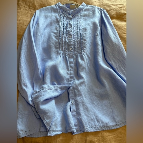 L.L. Bean Tops - LLBean 100%linen Blue Button-Up long sleeves Shirt with ruffle detail